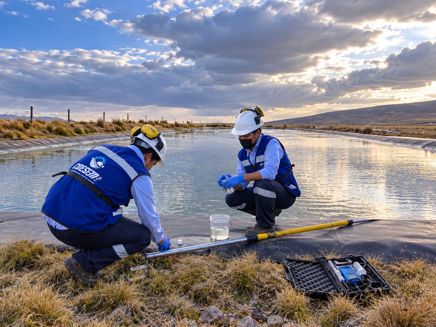Muestreo de agua en una poza con geomembrana