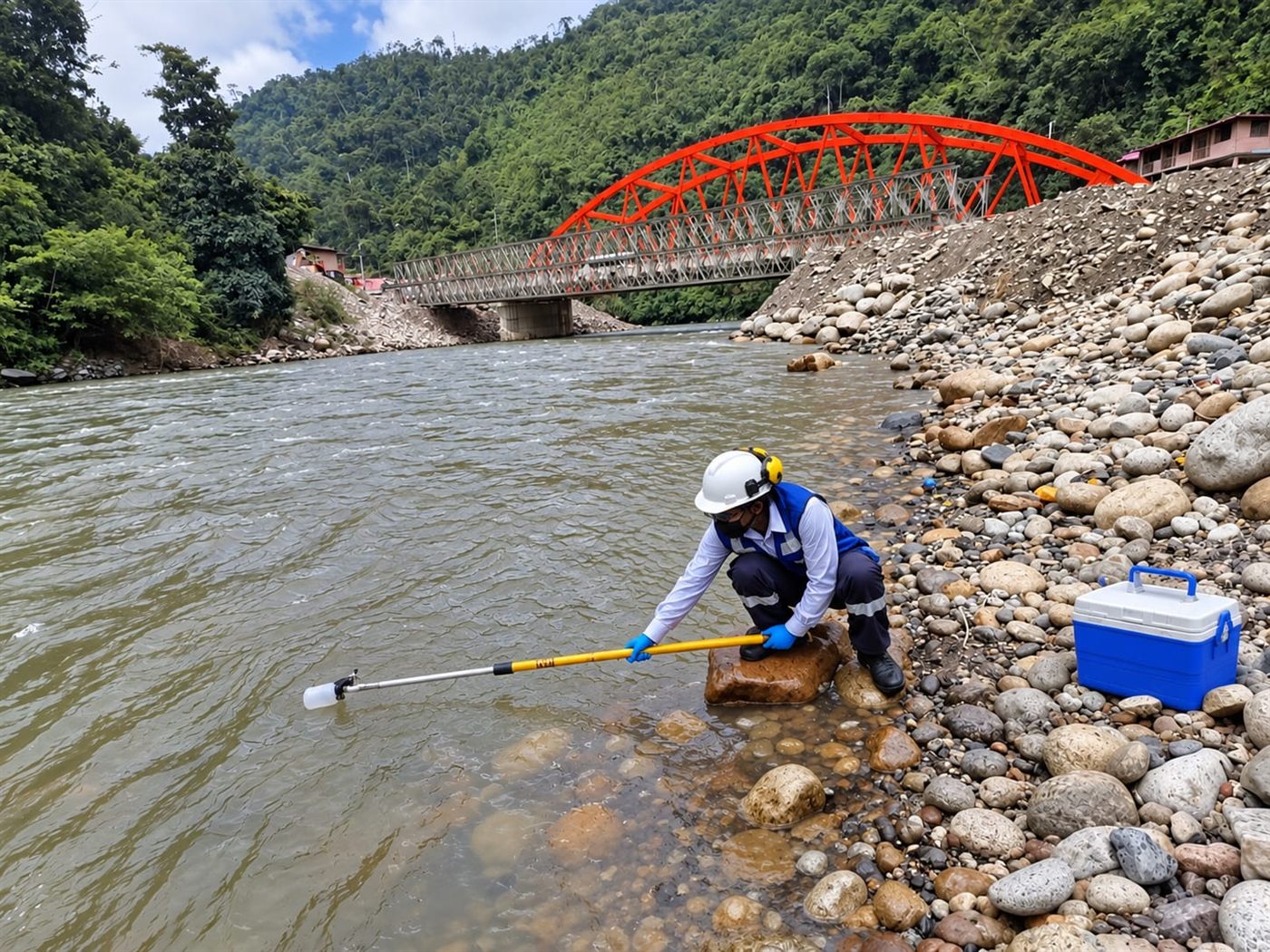 Toma de muestra de agua superficial en un río