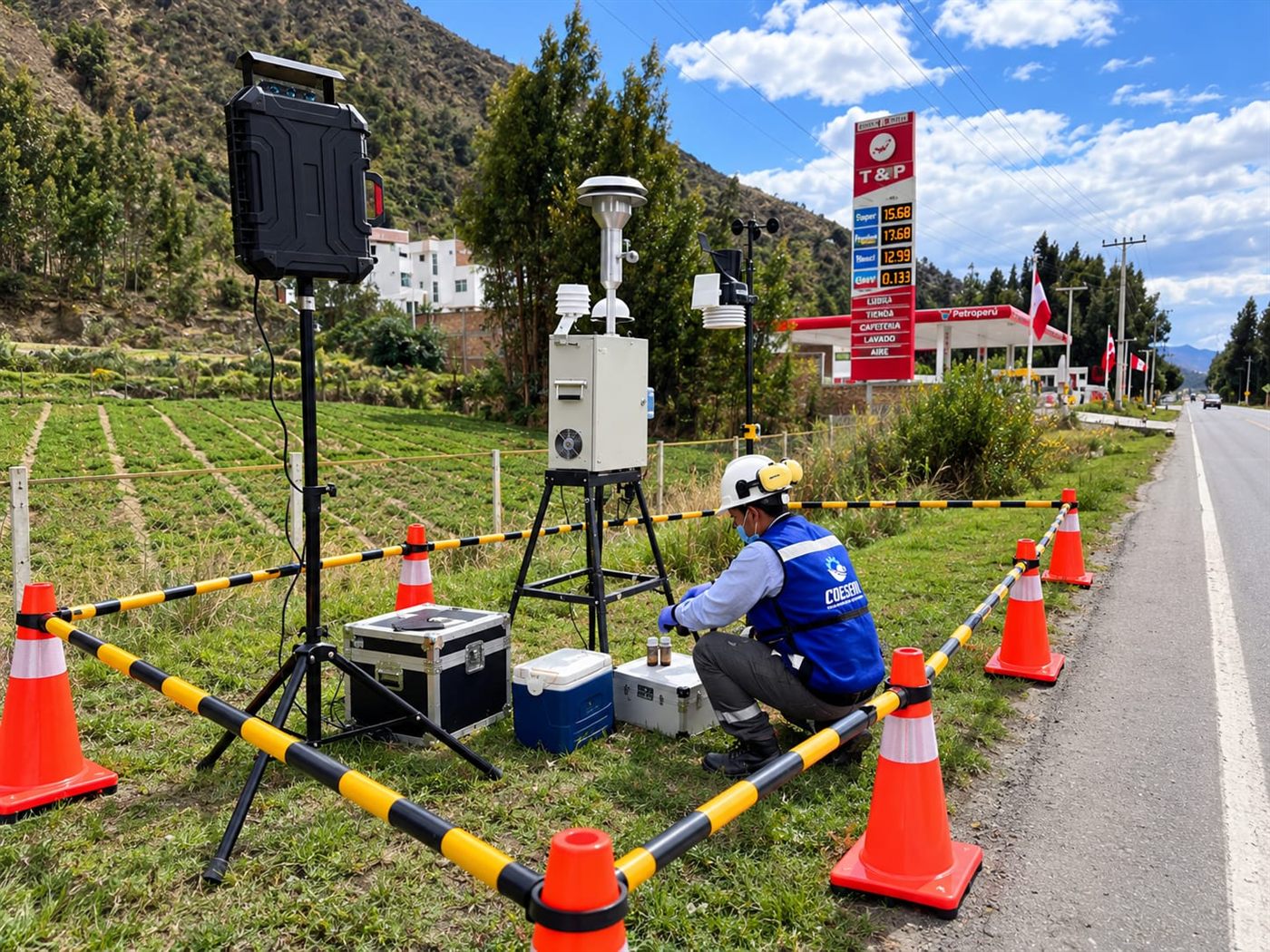 Estación de monitoreo de calidad de aire junto a una carretera