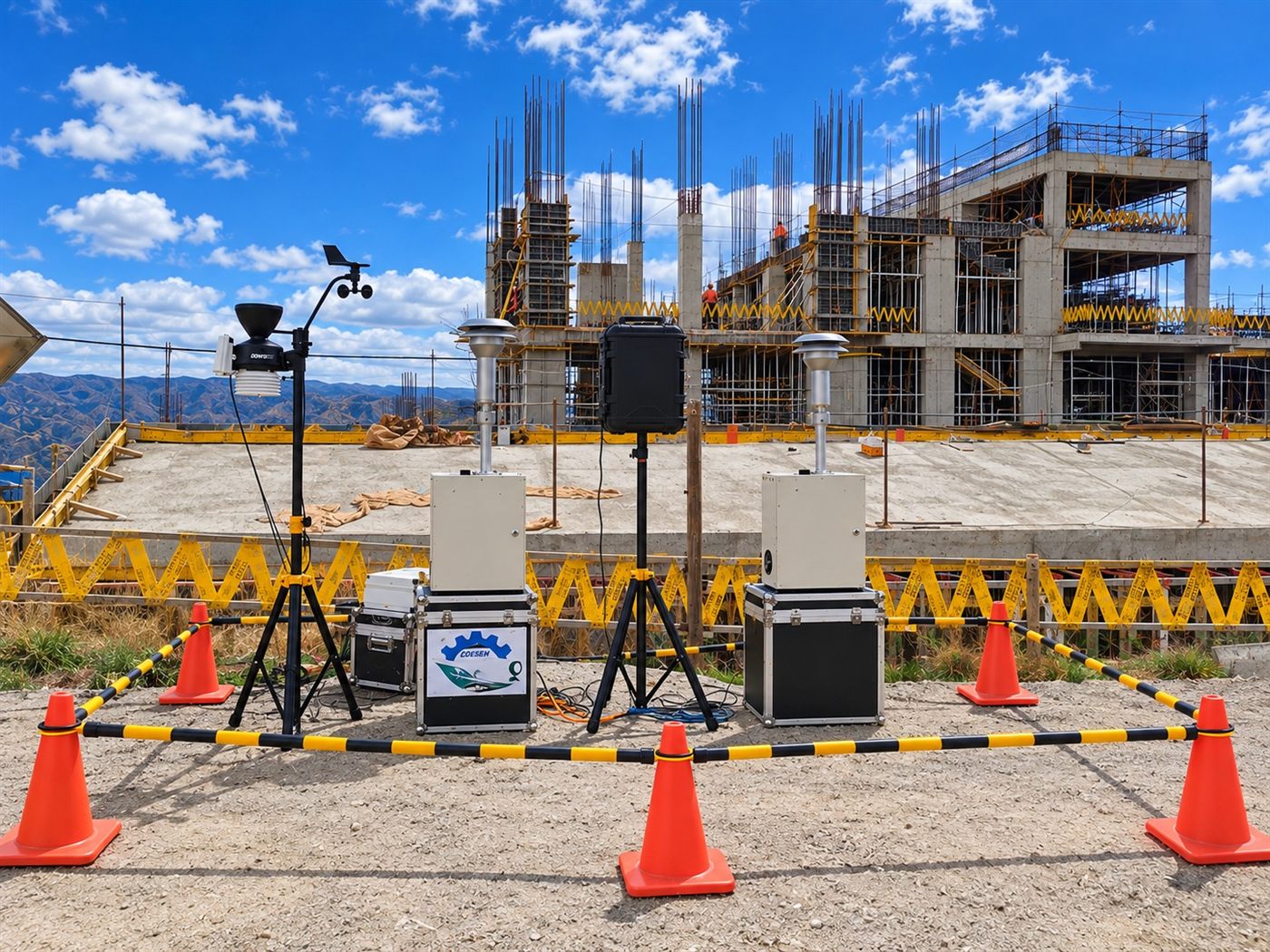 Estación meteorológica y equipos de monitoreo junto a una obra