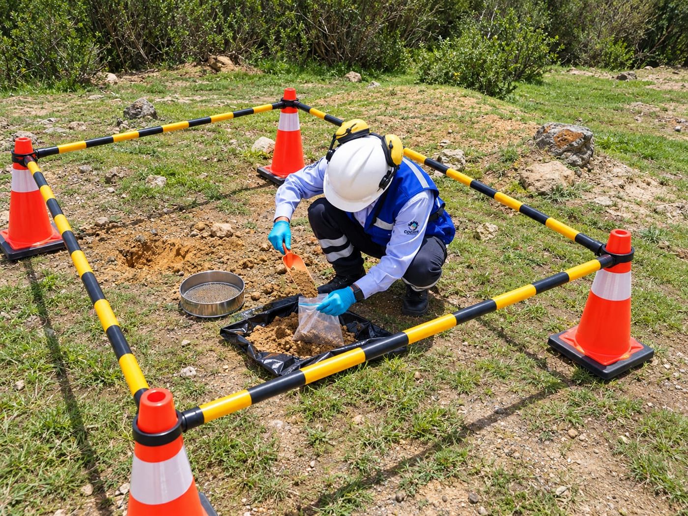 Toma de muestra de suelo en un punto de monitoreo delimitado